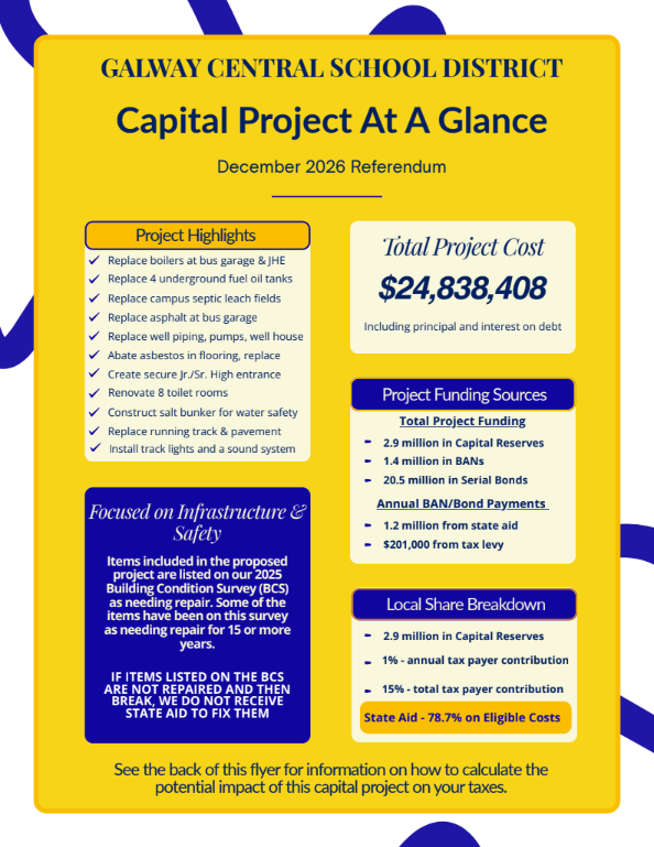 A yellow informational flyer titled 'Galway Central School District Capital Project At A Glance' for the December 2026 Referendum.